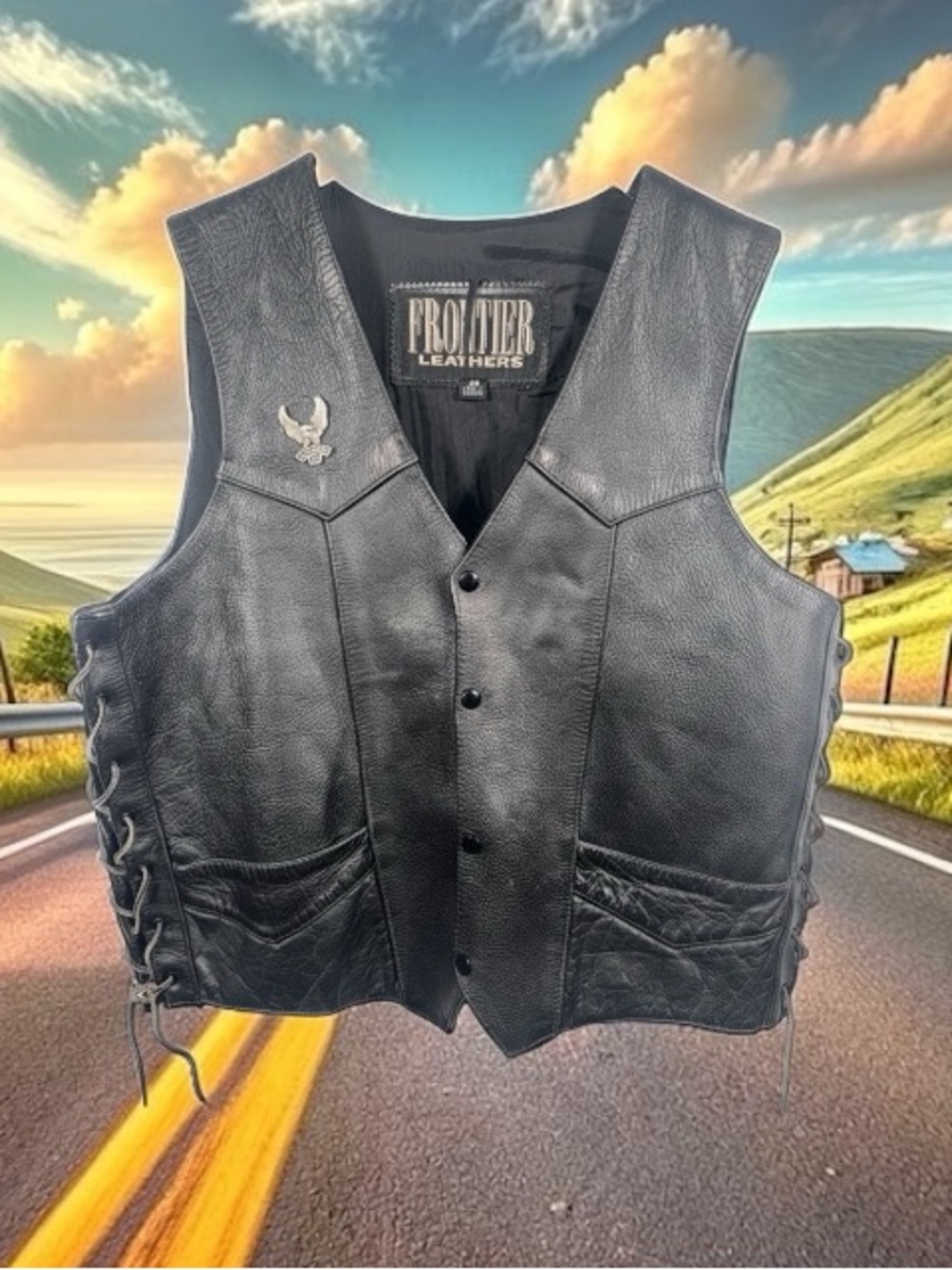 Frontier Leather Harley-Davidson Patched Black Leather Lace-Up Vest